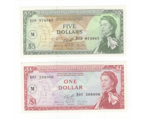 East Caribbean Currency Authority (2), 5 Dollars &amp; 1 Dollar P14n &amp; P13m (1965), both 'M' overprint for Montserrat, UN