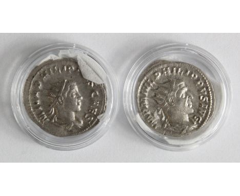 Philip I silver antoninianus, Rome Mint 245 A.D., reverse:- Philip, togate, seated left on curule chair, holding globe and sh