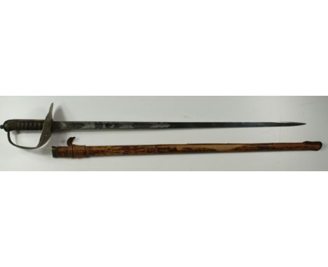 Sword: 1897 Pattern Infantry Officers sword Geo V Cypher. Etched blade 32". Wirebound leather grip. In its leather field serv