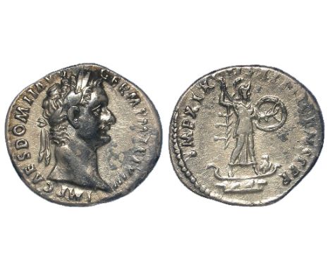 Domitian silver denarius, Rome Mint 90 A.D., reverse:- Minerva advancing right, brandishing javelin and holding round shield,