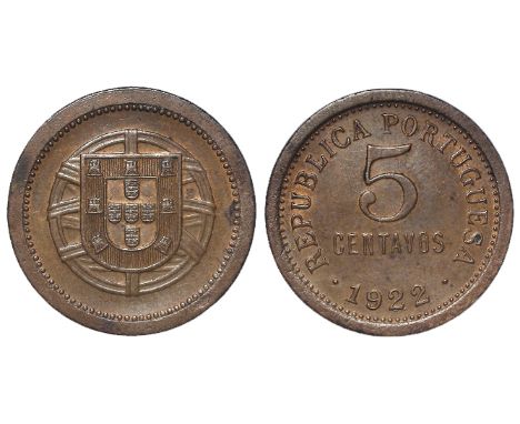 Portugal 5 Centavos 1922, rare date, KM# 569, EF trace lustre, a couple of light scratches.