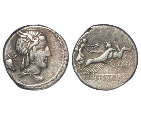 Roman Republican silver denarius of L.Julius Bursio, c.85 B.C. obverse:- Bust of Genius, laureate and winged, severed head?  