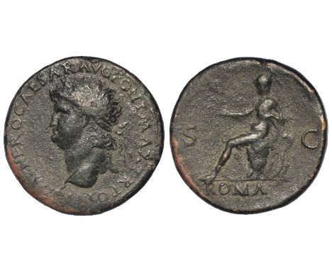 Nero brass sestertius, Lugdunum Mint 66 A.D., obverse:- Laureate bust left, resting on globe, reverse:- Roma seated left, foo