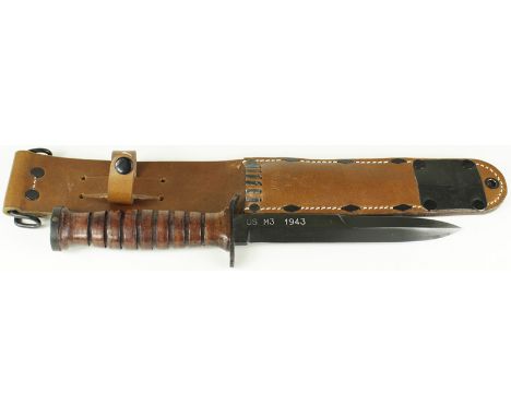 USM3 fighting knife blade 6.75" marked 'US M3 1943'. In its US M6 leather scabbard marked 'WMCo' 1943. The whole in very good