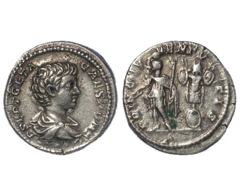 Geta silver denarius as Caesar under Septimius Severus and Caracallla, Rome Mint 200 A.D., reverse legend:- PRINC IVVENTVTIS 