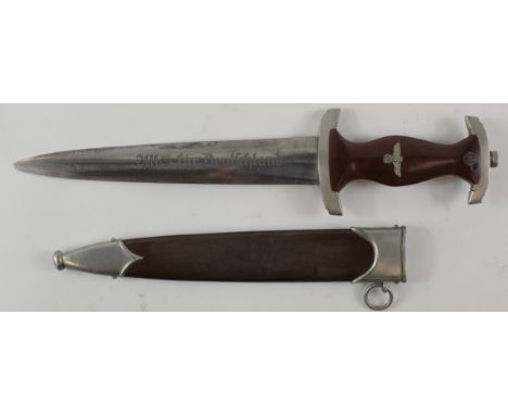 German WW2 SA Dagger with metal scabbard, blade maker marked 'Carl Schmidt Sohn A-G Solingen'. Blade has been rounded