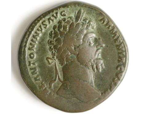 Marcus Aurelius brass sestertius Rome Mint 164 A.D., Sear 5002, obverse:- Laureate bust right, legend:- [M A]VREL ANTONINVS A