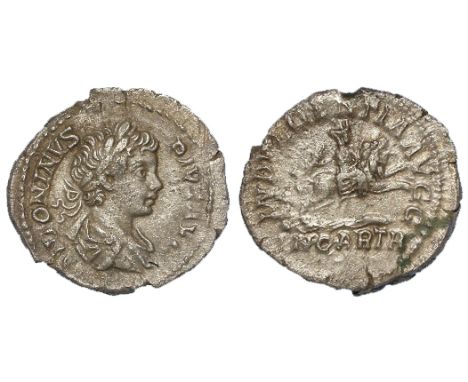 Caracalla as Augustus silver denarius, Rome Mint 204 A.D., reverse:- Dea Caelestis, holding sceptre and thunderbolt, seated f