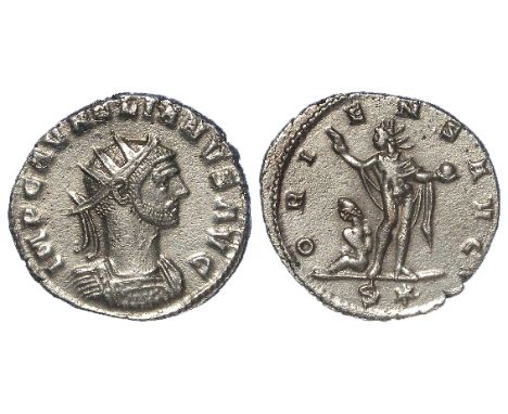 Aurelian 270-273 A.D.. billon antoninianus, obverse:- Radiate, draped and cuirassed bust right, reverse:- Sol standing facing