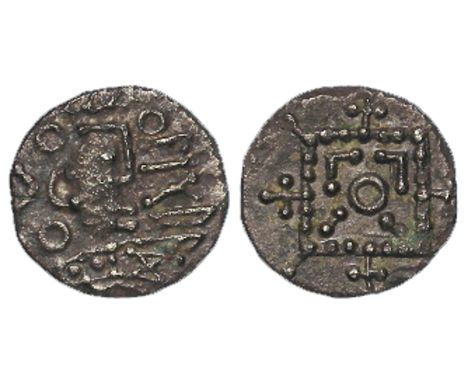 Anglo-Saxon silver sceat, Secondary Phase c.710-c.760, East Anglian, Series R, Bust right on crescent shoulders Wigraed in ru