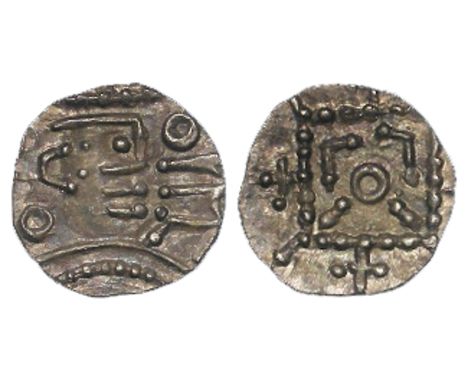 Anglo-Saxon silver sceat, Secondary Phase c.710-c.760, East Anglian, Series R, Bust right on crescent neck, Spi in runes befo