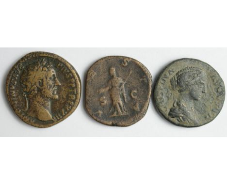 Antoninus Pius brass sestertius, reverse:- Pietas, Sear 4205, NVF/GF with a ditto but Julia Mamaea, reverse:- Vesta, Sear 823