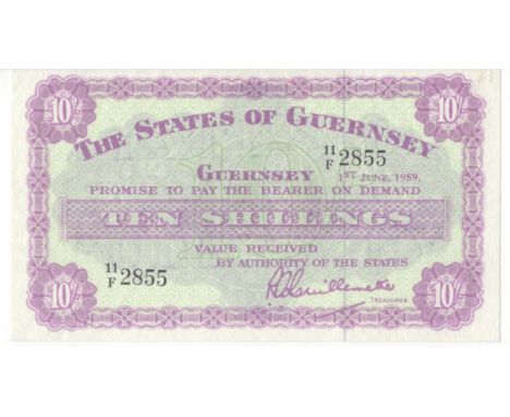 Guernsey Ten Shillings P42b (1/6/1959) Unc except a very light pencil mark in top right corner.