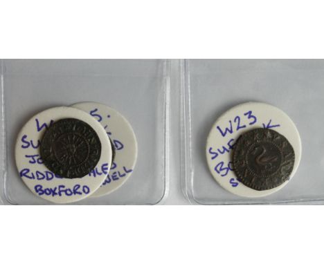 Tokens, 17thC Suffolk, Boxford (3): Susanna King Farthing 1664, swan, Suffolk No. 23, GF, some 'residue'; John Riddlesdale Fa