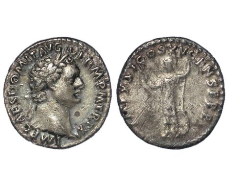 Domitian as Augustus silver denarius, Rome Mint 90  A.D., reverse legend:- IMP XXI COS XV CENS P P P, Minerva standing left, 