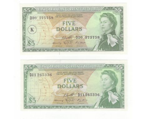 East Caribbean Currency Authority (2), 5 Dollars P14h &amp; P14l (1965), one with 'K' overprint for St. Kitts, the other with