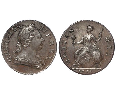 Halfpenny 1772, ball below spear blade, Spink 3774, very light marks, nEF/EF