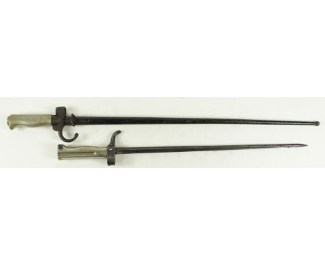 Bayonets: 1) WW1 French Lebel Model 1886 Epee bayonet in its steel scabbard. With hook quillon. 2) Model 1890 Gendarmerie bay