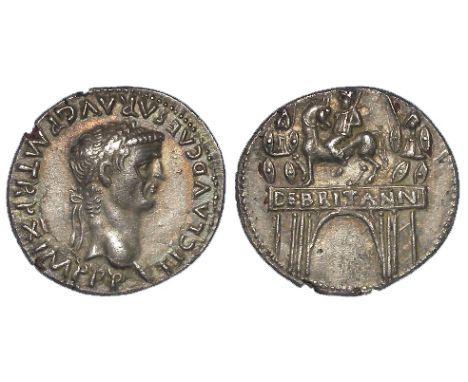 Claudius plated 'silver' denarius 'Lugdunum Mint 49-50 A.D.' reverse:- DE BRITANN on architrave of triumphal arch, a war trop