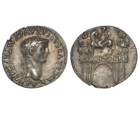 Claudius plated 'silver' denarius 'Lugdunum Mint 49-50 A.D.' reverse:- DE BRITANN on architrave of triumphal arch, a war trop