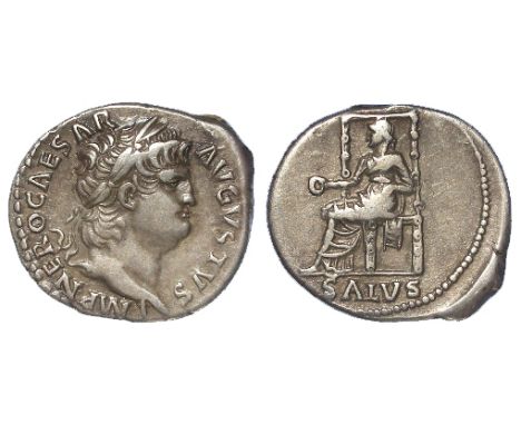 Nero silver denarius, Rome Mint 66-67 A.D., reverse:- Salus enthroned left holding patera, Sear 1945, Ex. CNG eSale 271, lot 