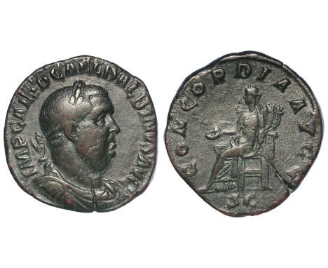 Balbinus 22 April - 29 July 238 A.D., brass sestertius, Rome Mint 238 A.D., reverse reads:- CONCORDIA AVGG, Concordia seated 