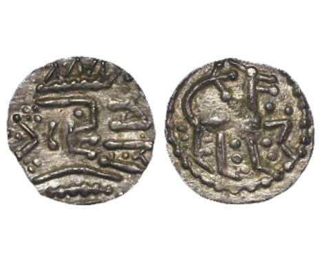 Anglo-Saxon silver sceat, Secondary Phase c.710-760, East Anglian Series R - Q mule, Spink 812, Bust right on crescent should