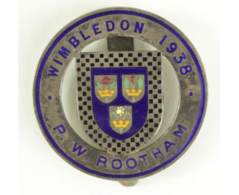 Wimbledon Tennis 1938, metal Accreditation badge issued to Percy Rosmay who was vice president of Lawn Tennis Association for