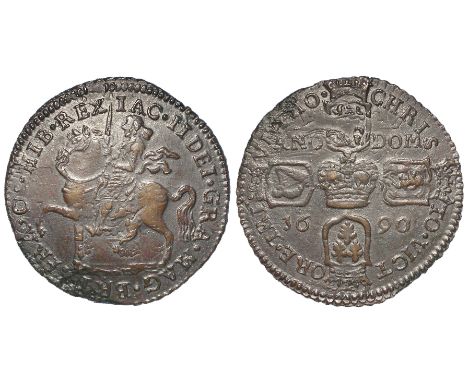Ireland James II 'Gunmoney' crown overstruck on large size halfcrown 1690, under type visible, Spink 6578, Ex. J.C.Sadler and