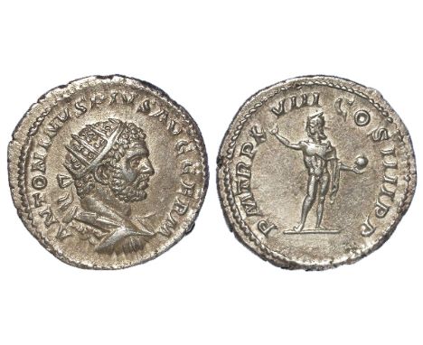 Caracalla silver antoninianus [double-denarius], Rome Mint 216 A.D., reverse:- Sol standing facing, head left, right hand rai