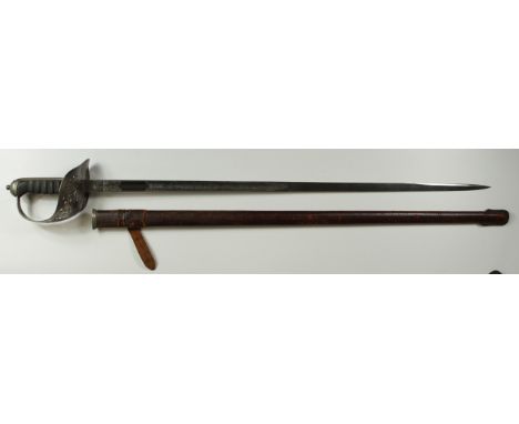 Sword: An 1897 Pattern Geo V Infantry Officers sword. Blade 32" engraved with Geo V Cypher  (good cond). Wirebound fishskin g