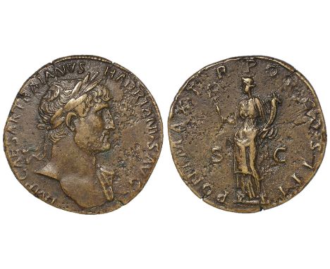 Hadrian, brass sestertius, Rome Mint 121 A.D., obverse:- Laureate head right, drapery on left shoulder, legend:- IMP CAESAR T
