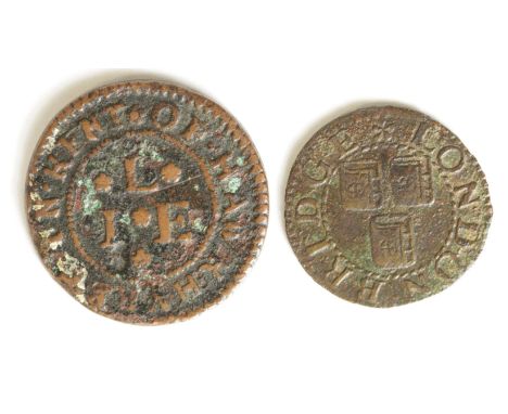 Tokens, 17thC (2): Hawkhurst John Latter Halfpenny 'BVCHER', Kent No. 349, nF with corrosion, and London Bridge Farthing of t