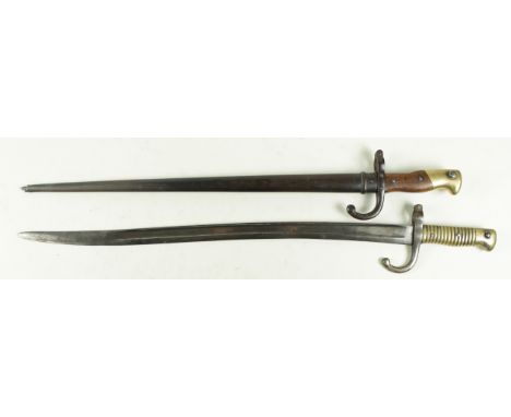 Bayonets: 1) French Model 1874 Gras Bayonet made at St Etienne in January 1878. In its blued steel scabbard (chape button mis