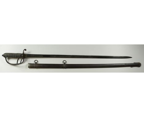 Sword: An 1821 Pattern Artillery Officers Sword. Etched blade 32.5". Wirebound fishskin grip (wire a/f). Triple bar hilt with