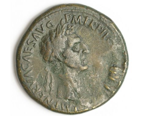 Nerva brass sestertius, Rome Mint  January-September 97 A.D., obverse:- Laureate bust right, legend:- IMP NERVA CAES AVG P M 