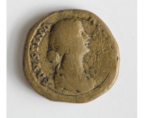 Faustina Junior brass sestertius under Antonins Pius, reverse:- Juno, veiled, standing left, holding patera and sceptre, peac