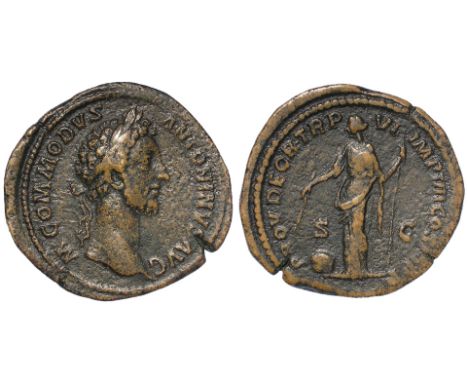 Commodus, brass sestertius, Rome Mint 181 A.D. Sear 5794, obverse reads:- M COMMODVS ANTONINVS AVG, Laureate bust right, reve