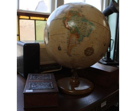 A 12 inch world classic series globe together with two wooden boxes, one for bridge