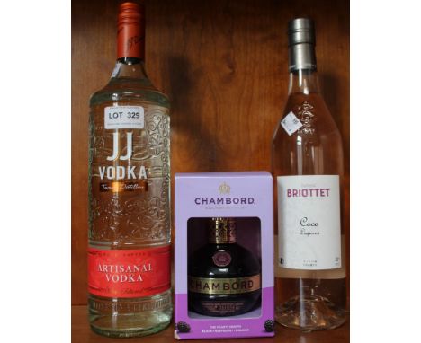 A litre bottle of JJ vodka, a Chambord liqueur &amp; a bottle of Coco liqueur (3)