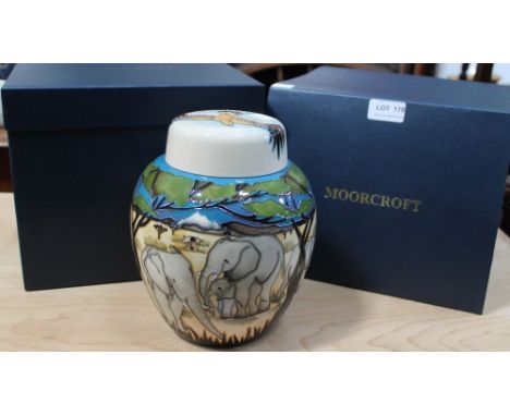 A Moorcroft pottery ginger jar and cover, tube lined and painted decoration, "Treetops" design, factory marks to base, 20cm h