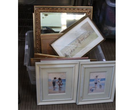 A quantity of framed pictures, gilt framed mirror, needlework panel, etc