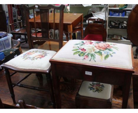 A mahogany music stool, two foot stools &amp; a single chair, all with floral woolwork upholstered seats