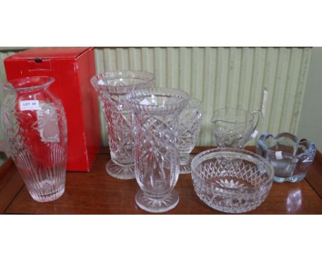 A Royal Brierley engraved lead crystal vase, together with other cut glass vases, bowl &amp; jug