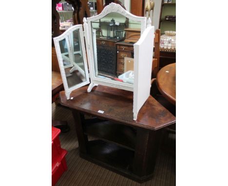 An oak corner shelf unit, together with a white painted triple dressing mirror