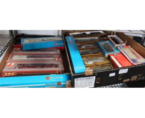 Two boxes containing a mixed selection of boxed 00 gauge models, Lime, Airfix, Jouef, Mainline