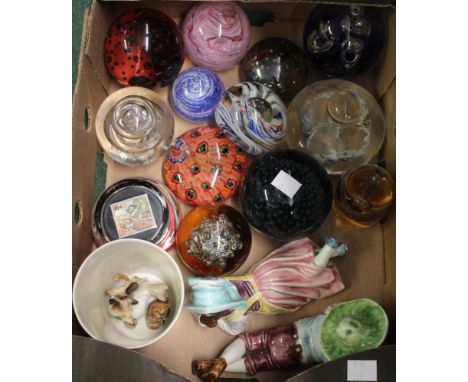 A quantity of decorative glass paperweights and various ceramic wares