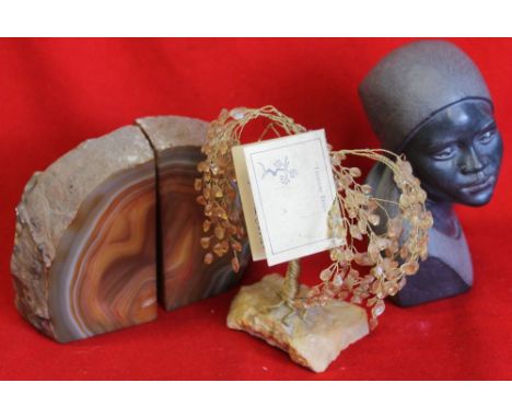 Casper Darare a signed stone carving, head of a woman, together with a citrine Treasure Tree, and a pair of polished agate bo