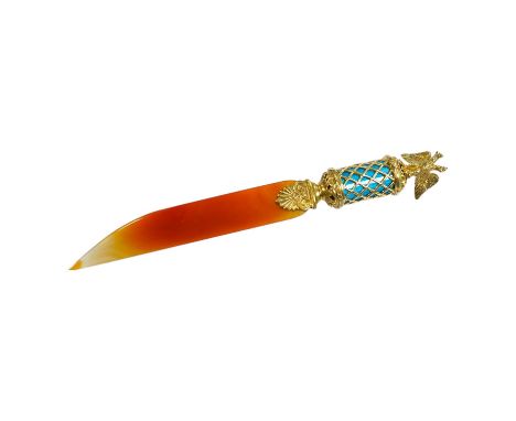 A continental gilt white metal and enamel mounted agate paper knife, 22.5cm. Condition - good