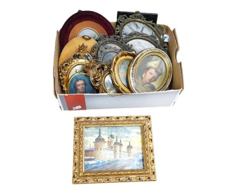 A collection of various hand painted and some printed miniatures to include an oil, Portrait of a bishop, landscapes and a po